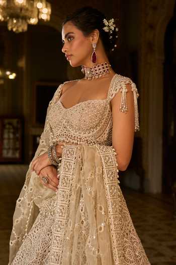 Shop_Seema Gujral_Beige Net Embroidery, Sequins, Pearls, Tassels Thread Work Bridal Lehenga Set 