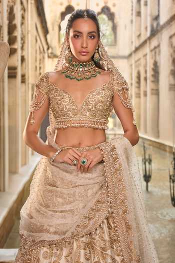 Buy_Seema Gujral_Beige Net Embroidery, Pearls, Sequins, Tassels Sweetheart Bridal Lehenga Set 