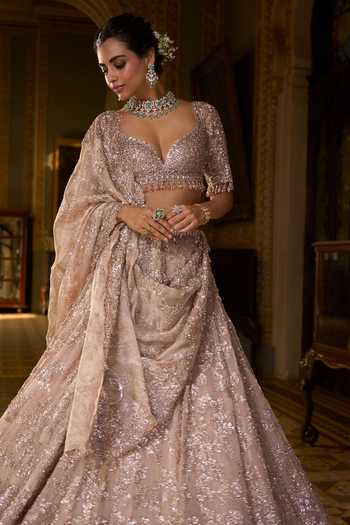 Buy_Seema Gujral_Rose Gold Net Sequins, Beads, Crystals, Tassels Bugle Work Bridal Lehenga Set _Online_at_Aza_Fashions