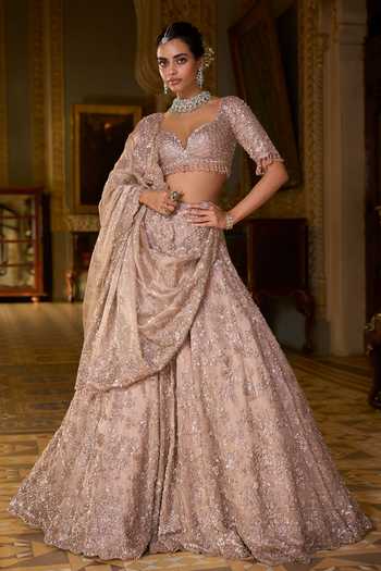 Buy_Seema Gujral_Rose Gold Net Sequins, Beads, Crystals, Tassels Bugle Work Bridal Lehenga Set _at_Aza_Fashions