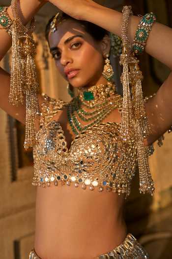 Buy_Seema Gujral_Gold Organza, Tissue Mirrors, Tassels Sweetheart Neck Work Bridal Lehenga Set _Online_at_Aza_Fashions