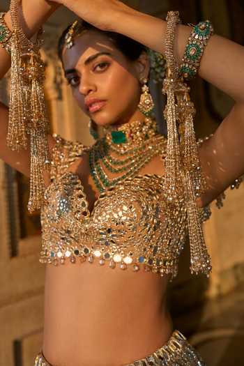 Shop_Seema Gujral_Gold Plated Beads, Pearls, Stones, Tassels Embellished Kaliras - Set Of 2 _Online_at_Aza_Fashions