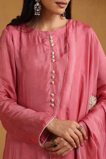 Wazir C_Pink Silk, Cotton Embroidery, Zari Kashmiri Kurta Set _Online_at_Aza_Fashions
