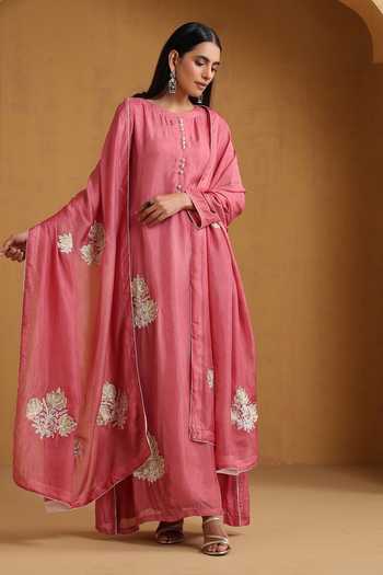 Buy_Wazir C_Pink Silk, Cotton Embroidery, Zari Kashmiri Kurta Set _at_Aza_Fashions