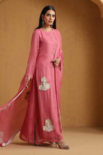 Buy_Wazir C_Pink Silk, Cotton Embroidery, Zari Kashmiri Kurta Set _Online_at_Aza_Fashions