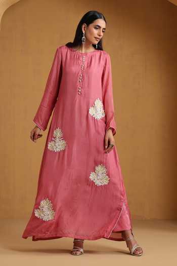 Wazir C_Pink Silk, Cotton Embroidery, Zari Kashmiri Kurta Set _at_Aza_Fashions