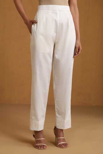 Buy_Wazir C_Off White Cotton Embroidery V-neck, Yes Kashmiri Aari Kurta And Pant Set _Online_at_Aza_Fashions