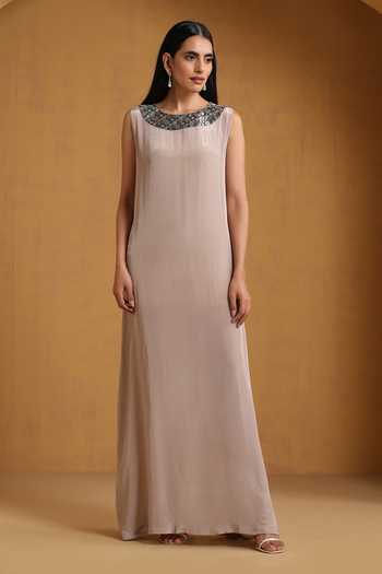 Wazir C_Beige Georgette, Crepe, Linen Embroidery Round Kashmiri Aari Dress And Abaya Set _Online_at_Aza_Fashions