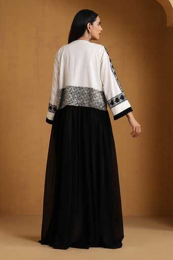 Shop_Wazir C_Beige Georgette, Crepe, Linen Embroidery Round Kashmiri Aari Dress And Abaya Set _at_Aza_Fashions