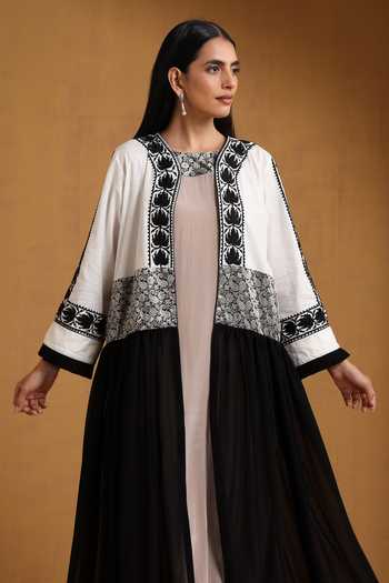 Buy_Wazir C_Beige Georgette, Crepe, Linen Embroidery Round Kashmiri Aari Dress And Abaya Set _Online_at_Aza_Fashions