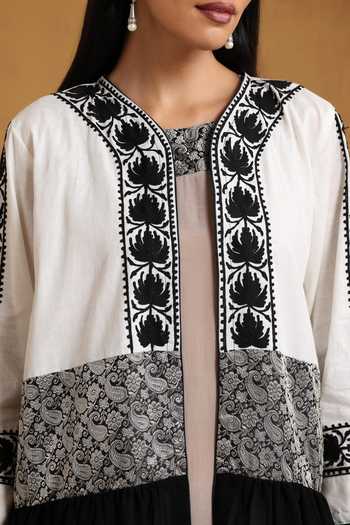 Buy_Wazir C_Beige Georgette, Crepe, Linen Embroidery Round Kashmiri Aari Dress And Abaya Set 