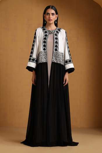 Shop_Wazir C_Beige Georgette, Crepe, Linen Embroidery Round Kashmiri Aari Dress And Abaya Set 