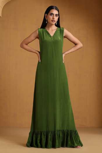 Buy_Wazir C_Green Georgette, Crepe Embroidery V-neck, Open Kashmiri Aari Abaya With Dress _Online_at_Aza_Fashions
