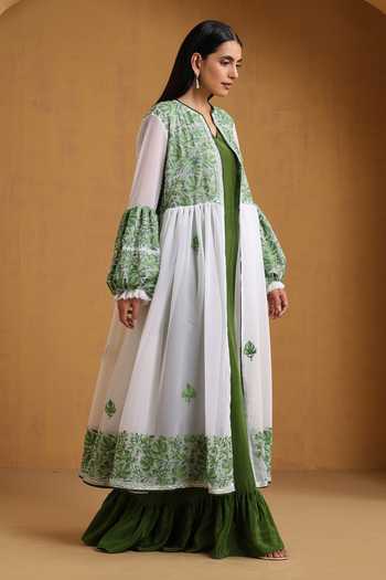 Shop_Wazir C_Green Georgette, Crepe Embroidery V-neck, Open Kashmiri Aari Abaya With Dress _Online_at_Aza_Fashions
