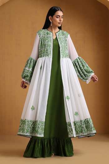 Buy_Wazir C_Green Georgette, Crepe Embroidery V-neck, Open Kashmiri Aari Abaya With Dress _at_Aza_Fashions