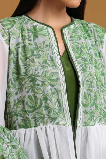 Buy_Wazir C_Green Georgette, Crepe Embroidery V-neck, Open Kashmiri Aari Abaya With Dress 