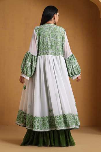 Shop_Wazir C_Green Georgette, Crepe Embroidery V-neck, Open Kashmiri Aari Abaya With Dress _at_Aza_Fashions