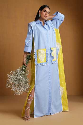 Wazir C_Blue Cotton, Linen Embroidery Collared Kashmiri Aari Dress _Online_at_Aza_Fashions