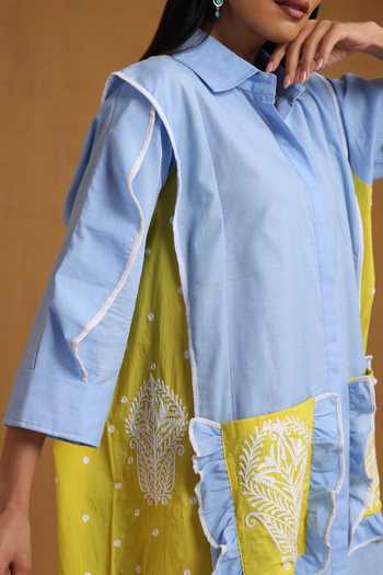 Buy_Wazir C_Blue Cotton, Linen Embroidery Collared Kashmiri Aari Dress _Online_at_Aza_Fashions