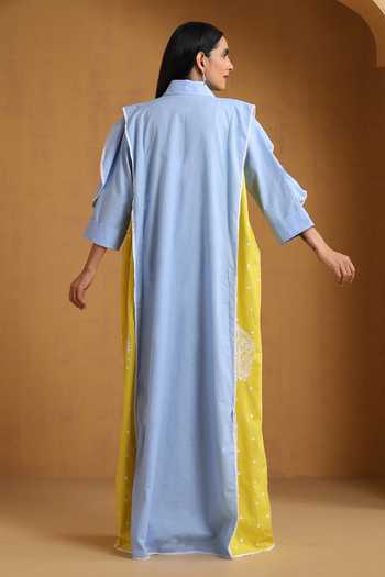 Shop_Wazir C_Blue Cotton, Linen Embroidery Collared Kashmiri Aari Dress _at_Aza_Fashions