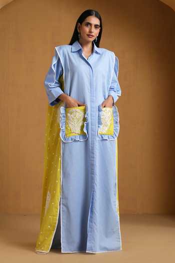 Buy_Wazir C_Blue Cotton, Linen Embroidery Collared Kashmiri Aari Dress _at_Aza_Fashions