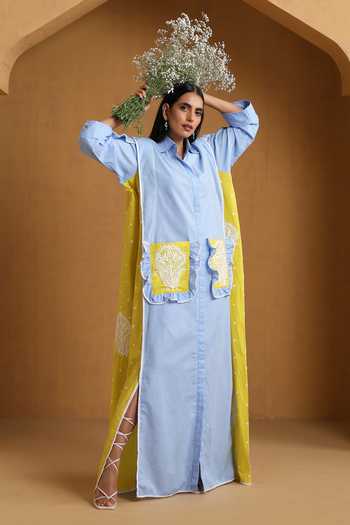 Shop_Wazir C_Blue Cotton, Linen Embroidery Collared Kashmiri Aari Dress _Online_at_Aza_Fashions