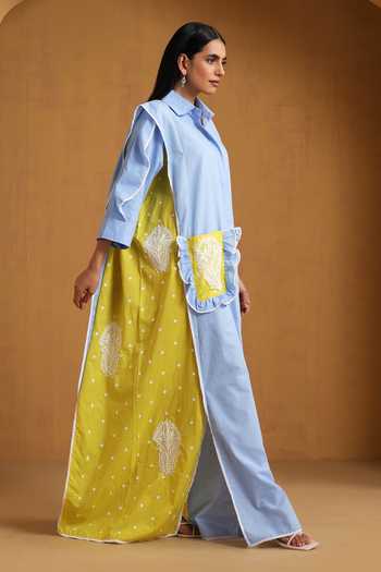 Wazir C_Blue Cotton, Linen Embroidery Collared Kashmiri Aari Dress _at_Aza_Fashions