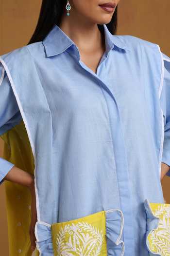 Buy_Wazir C_Blue Cotton, Linen Embroidery Collared Kashmiri Aari Dress 