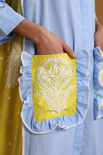 Shop_Wazir C_Blue Cotton, Linen Embroidery Collared Kashmiri Aari Dress 