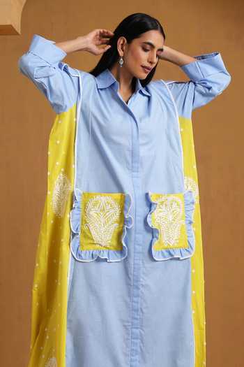 Wazir C_Blue Cotton, Linen Embroidery Collared Kashmiri Aari Dress _Online