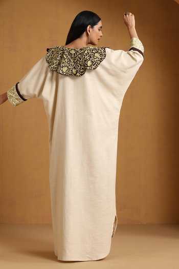 Shop_Wazir C_Off White Linen Embroidery Round Neck Kashmiri Aari Abaya _at_Aza_Fashions