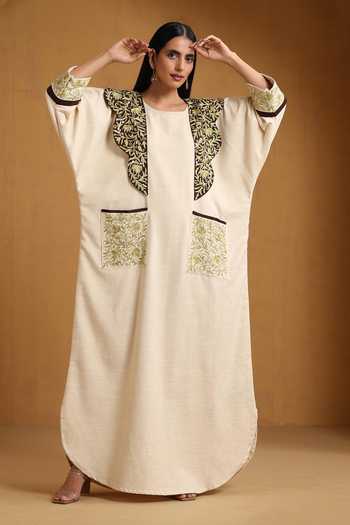 Buy_Wazir C_Off White Linen Embroidery Round Neck Kashmiri Aari Abaya _at_Aza_Fashions