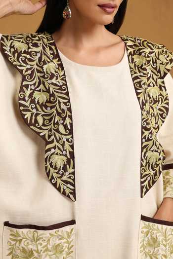 Buy_Wazir C_Off White Linen Embroidery Round Neck Kashmiri Aari Abaya _Online_at_Aza_Fashions