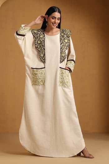 Shop_Wazir C_Off White Linen Embroidery Round Neck Kashmiri Aari Abaya _Online_at_Aza_Fashions