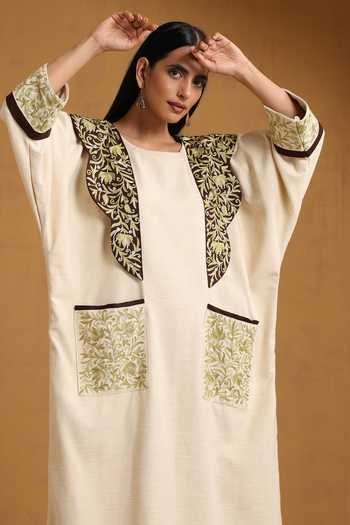 Wazir C_Off White Linen Embroidery Round Neck Kashmiri Aari Abaya _at_Aza_Fashions