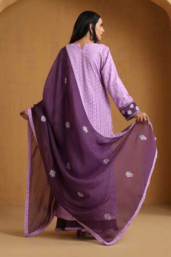 Shop_Wazir C_Purple Organza, Crepe Embroidery Round Neck Kashmiri Aari Kurta Set _at_Aza_Fashions