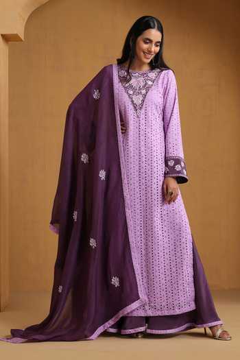 Wazir C_Purple Organza, Crepe Embroidery Round Neck Kashmiri Aari Kurta Set _at_Aza_Fashions