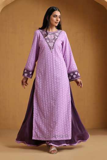 Buy_Wazir C_Purple Organza, Crepe Embroidery Round Neck Kashmiri Aari Kurta Set 