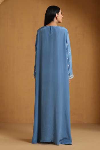Shop_Wazir C_Blue Crepe Embroidery, Zari Round Neck Kashmiri Tilla Dress _at_Aza_Fashions