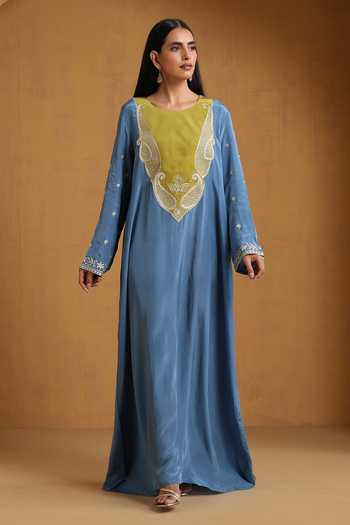 Buy_Wazir C_Blue Crepe Embroidery, Zari Round Neck Kashmiri Tilla Dress _at_Aza_Fashions