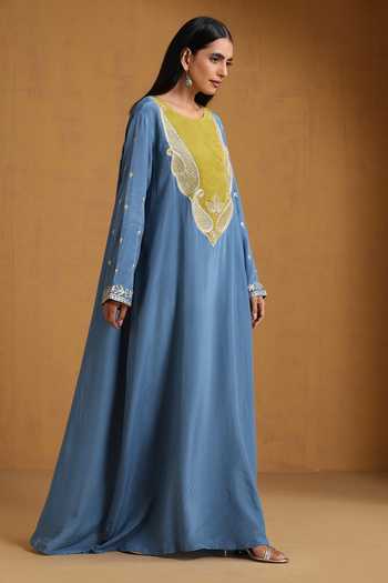 Wazir C_Blue Crepe Embroidery, Zari Round Neck Kashmiri Tilla Dress _Online_at_Aza_Fashions