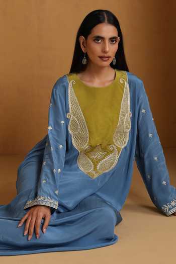 Shop_Wazir C_Blue Crepe Embroidery, Zari Round Neck Kashmiri Tilla Dress _Online_at_Aza_Fashions