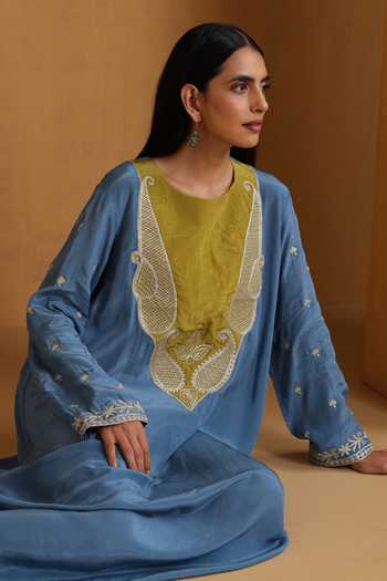Wazir C_Blue Crepe Embroidery, Zari Round Neck Kashmiri Tilla Dress _at_Aza_Fashions