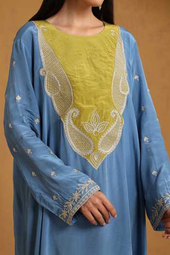 Buy_Wazir C_Blue Crepe Embroidery, Zari Round Neck Kashmiri Tilla Dress 