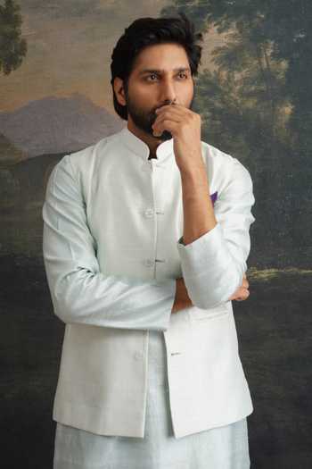 Shop_Thetaa_Green Silk, Cotton Mirrors Hand Embroidered Nehru Jacket And Kurta Set _Online_at_Aza_Fashions
