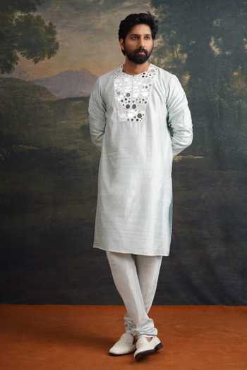 Shop_Thetaa_Green Silk, Cotton Mirrors Hand Embroidered Nehru Jacket And Kurta Set _at_Aza_Fashions
