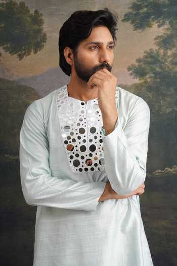Buy_Thetaa_Green Silk, Cotton Mirrors Hand Embroidered Nehru Jacket And Kurta Set 