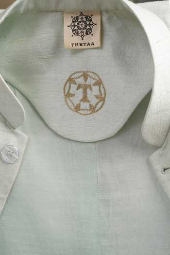 Shop_Thetaa_Green Silk, Cotton Mirrors Hand Embroidered Nehru Jacket And Kurta Set 