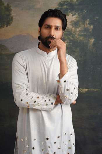 Shop_Thetaa_Blue Cotton, Lycra Embroidery, Mirrors Hand Kurta Set _Online_at_Aza_Fashions