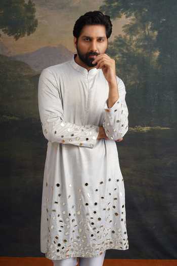 Thetaa_Blue Cotton, Lycra Embroidery, Mirrors Hand Kurta Set _at_Aza_Fashions